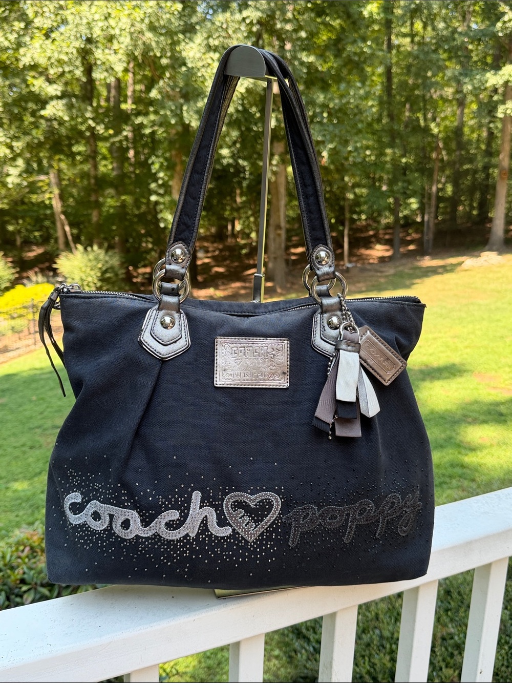 Coach Poppy Heart Black Canvas Rhinestone Tote with Wristlet original Hang tags